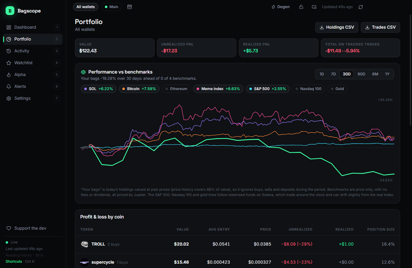 Performance versus benchmarks chart comparing your bags with SOL, Bitcoin, a meme index and the S&P 500 over 30 days
